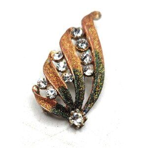 Vintage Peach Colored & Green Brooch With Crystal Accents